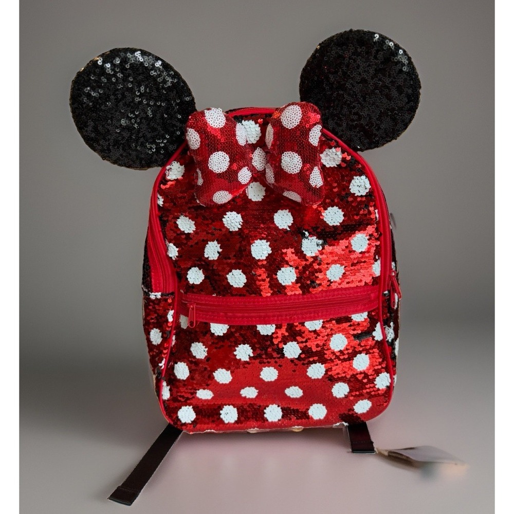 Disney Parks Minnie Mouse Polka Dot Red Sequin Backpack Bag Bow And Ears EUC